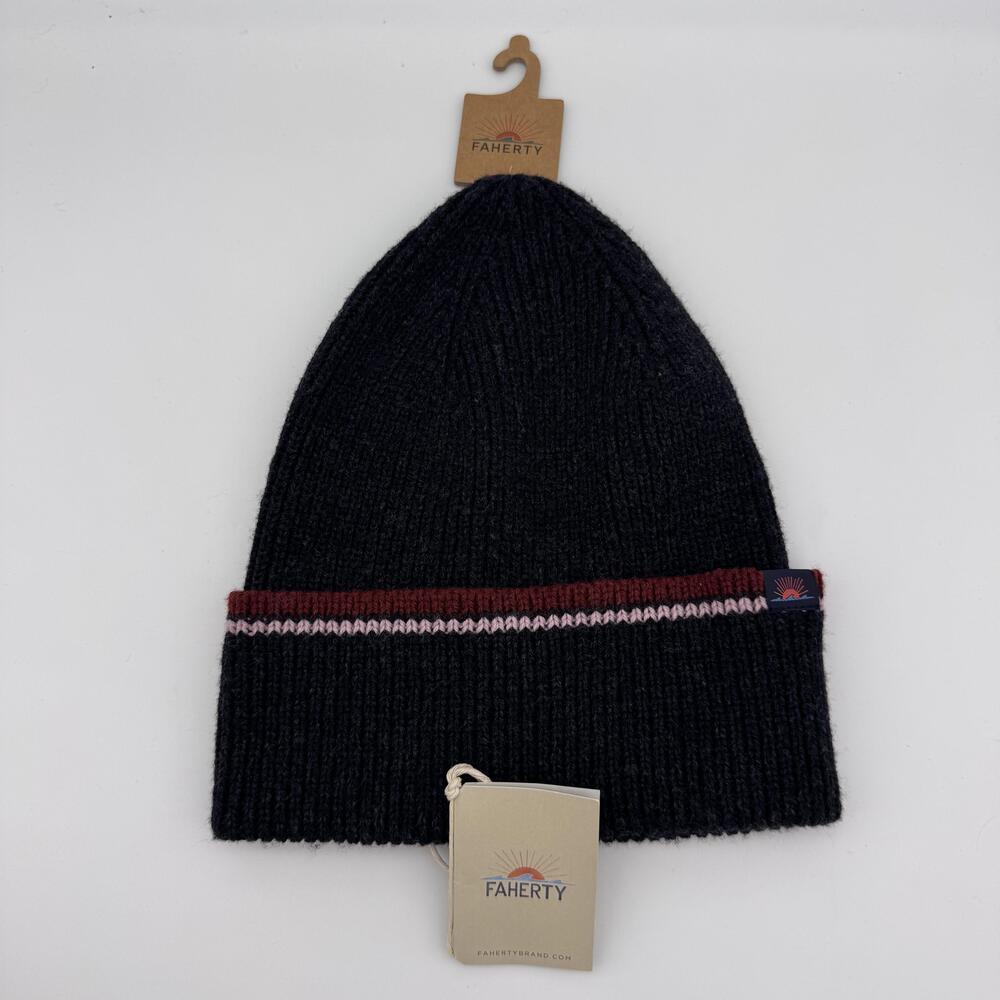 Faherty Beanie Hat Retro Striped Charcoal Gray Knit Logo Winter Outdoor Camp NEW